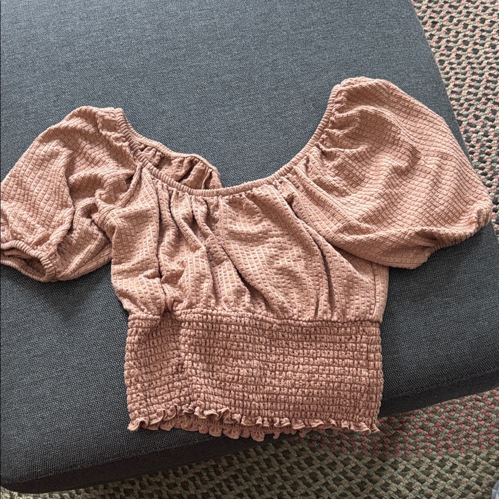 Derek Heart Waffle-Knit Smocked Puff Sleeve Crop Top